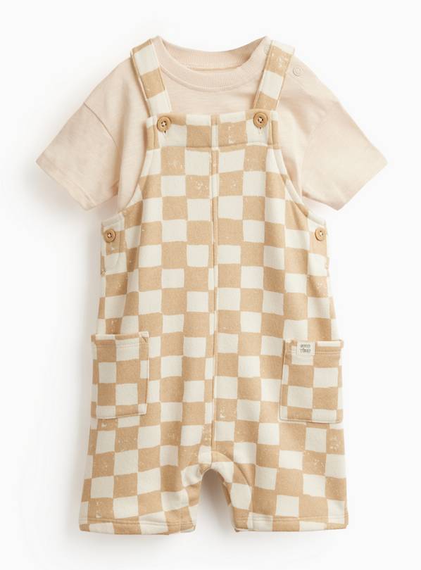 Cream Checkered & Brown Dungaree & Bodysuit Set 12-18 months