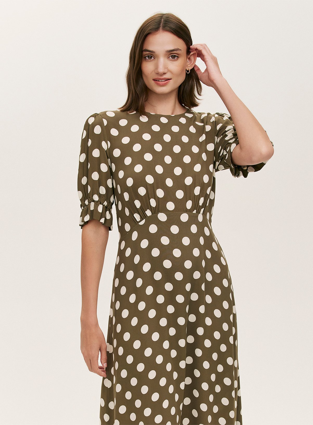 FINERY Mela Dress Khaki Spot 22 - Image 3 thumbnail