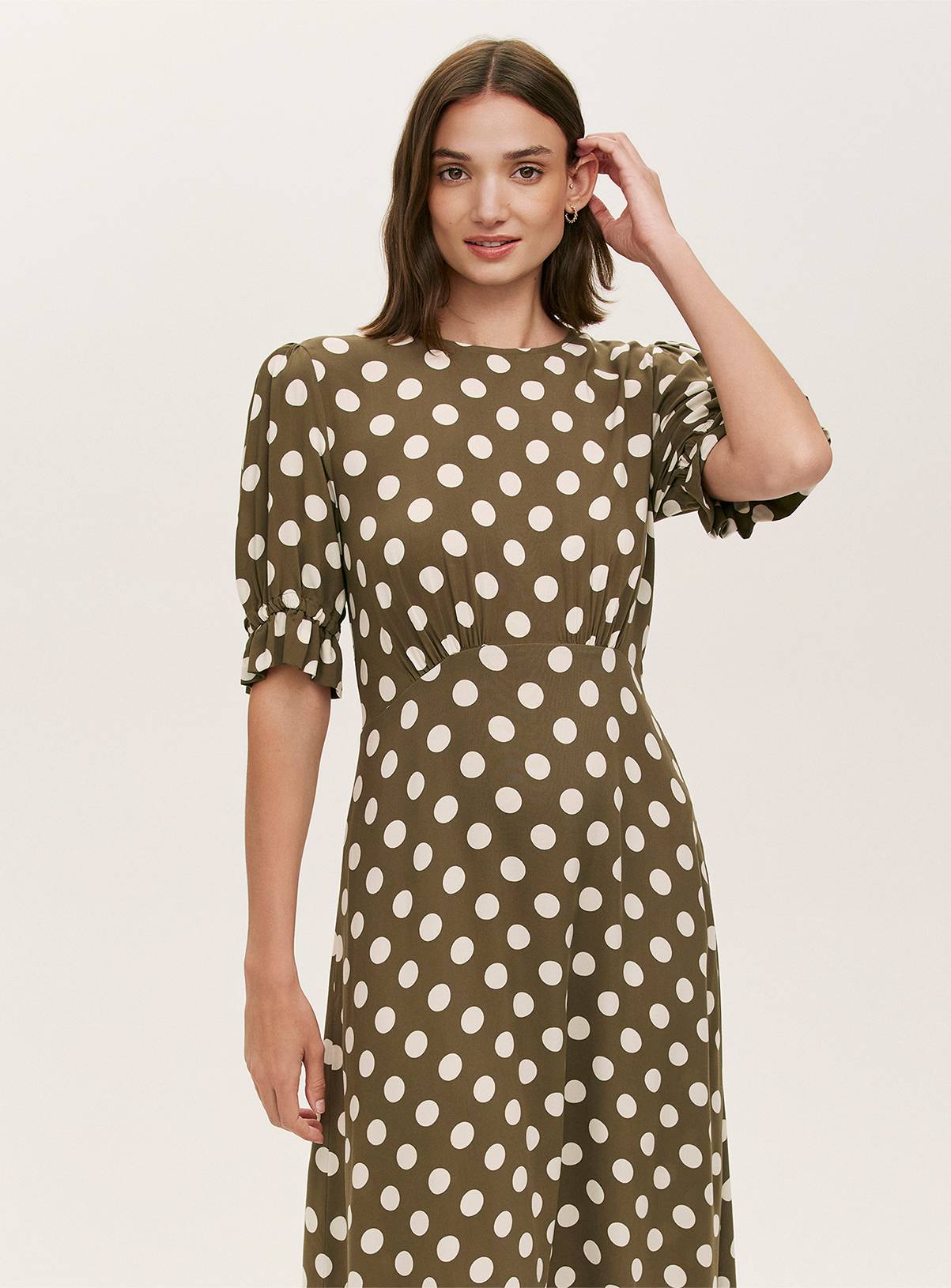 FINERY Mela Dress Khaki Spot 22 - Image 3
