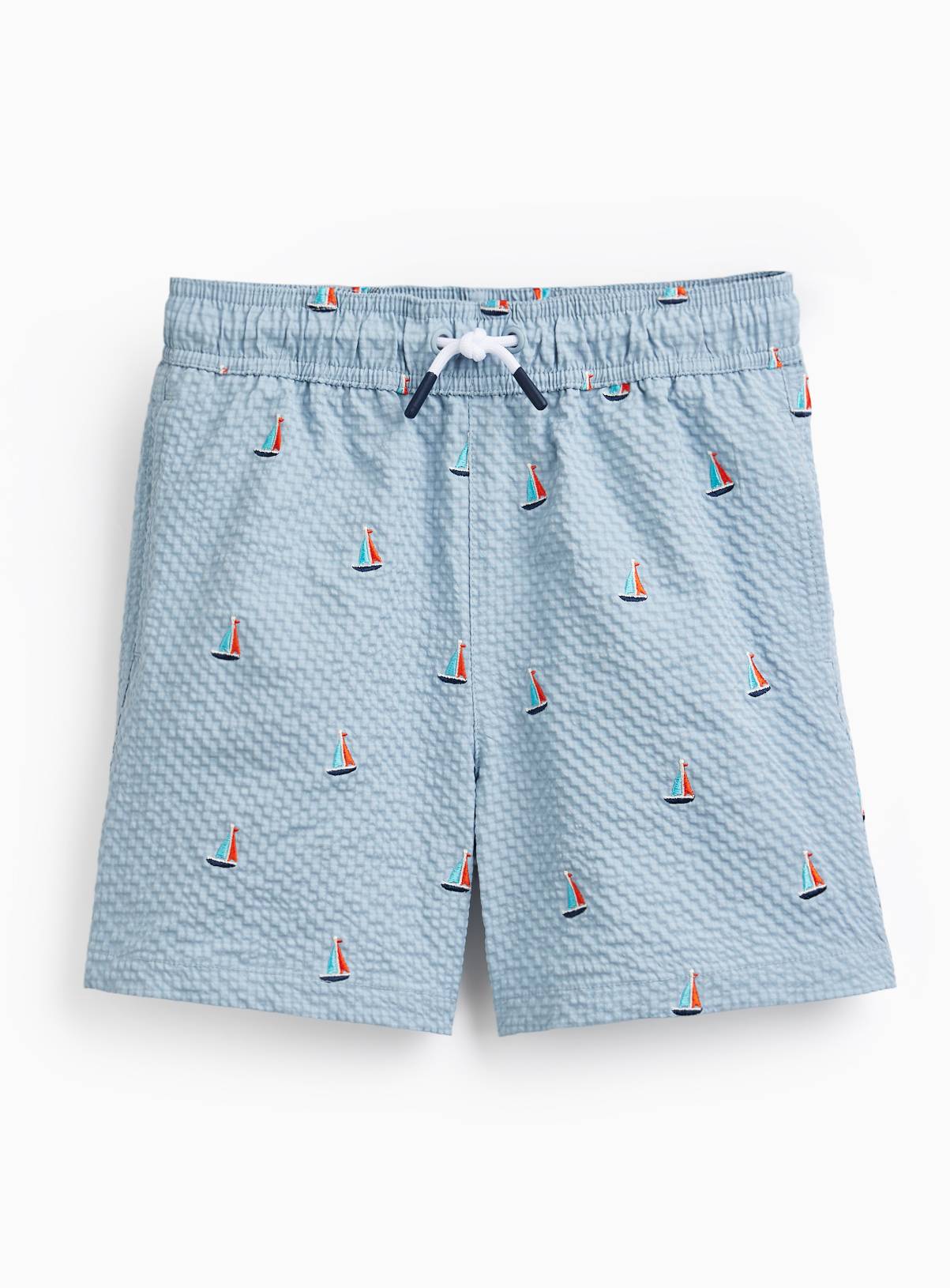 Mini Me Blue Boat Print Seersucker Swim Shorts 2-3 years - Image 1