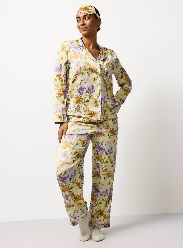 Yellow Large Flower Print Traditional Satin Pyjamas S