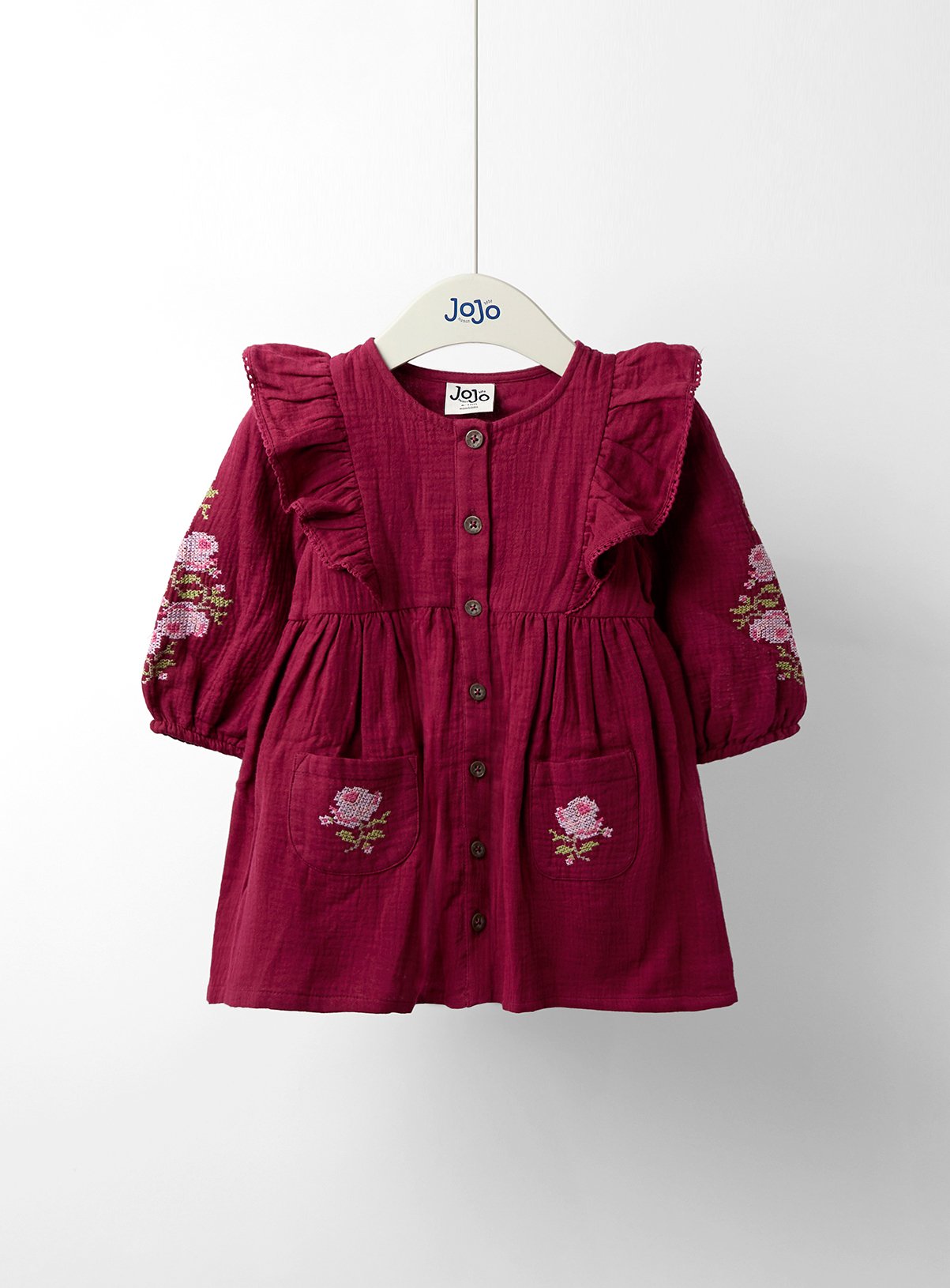 JOJO MAMAN BÉBÉ Cross Stitched Frill Sleeve Button Through Dress 2-3 Years
