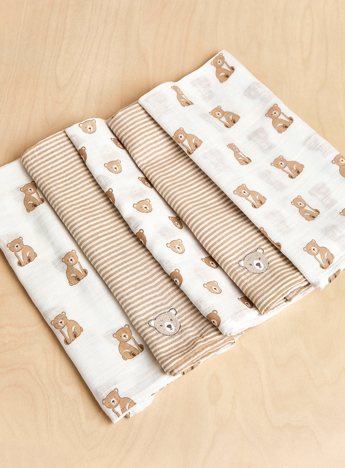 Brown Brown JOJO MAMAN BÉBÉ 5 Pack Bear Embroidered Muslins One Size - JoJo Maman Bebe by Sainsbury's