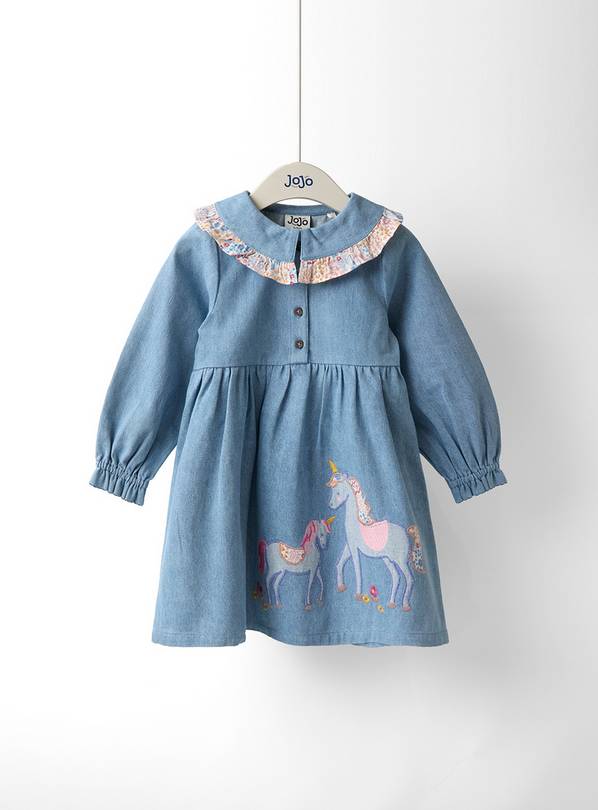 JOJO MAMAN BÉBÉ Unicorn Applique Frill Collar Denim Dress 6-12 months