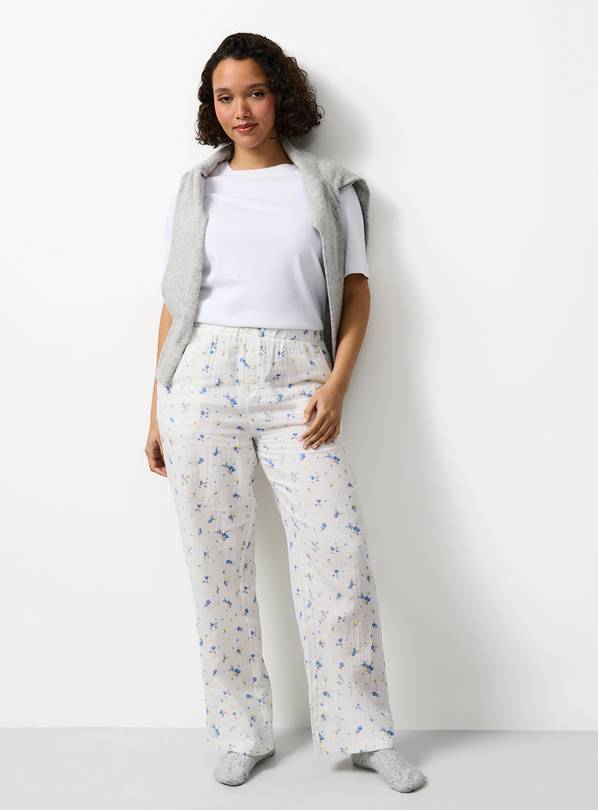 White Floral Double Cloth Pyjama Bottoms XL