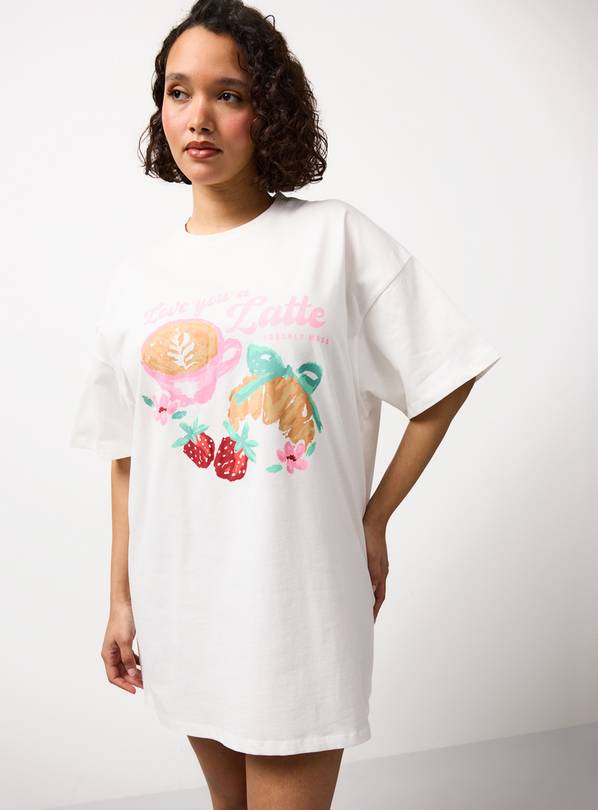 White Latte Print Oversized Sleep T-Shirt L
