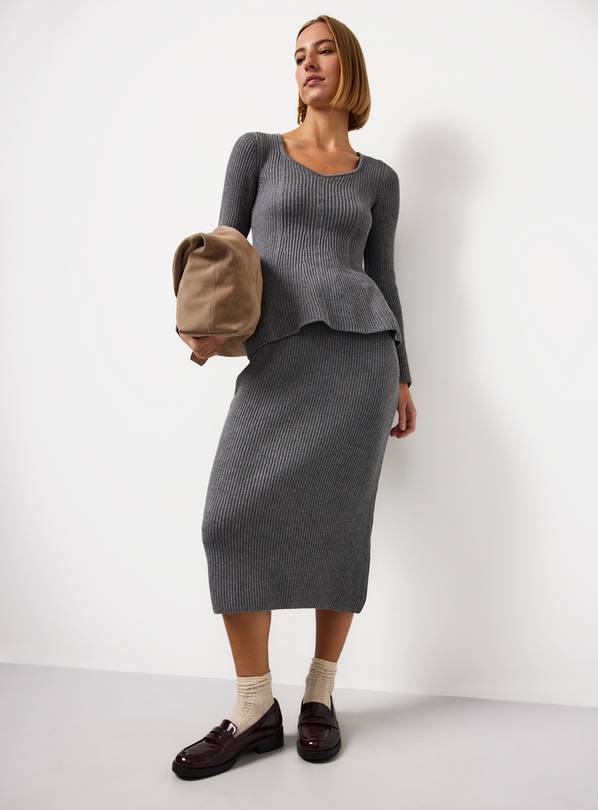 Grey Compact Knit Peplum Hem Co-ord Top XL