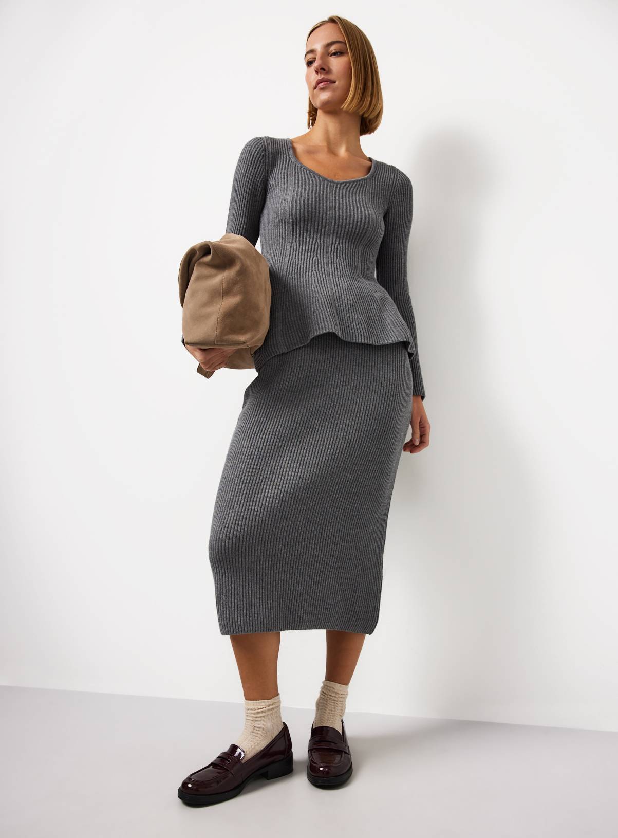 Grey Compact Knit Peplum Hem Co-ord Top S - Image 1