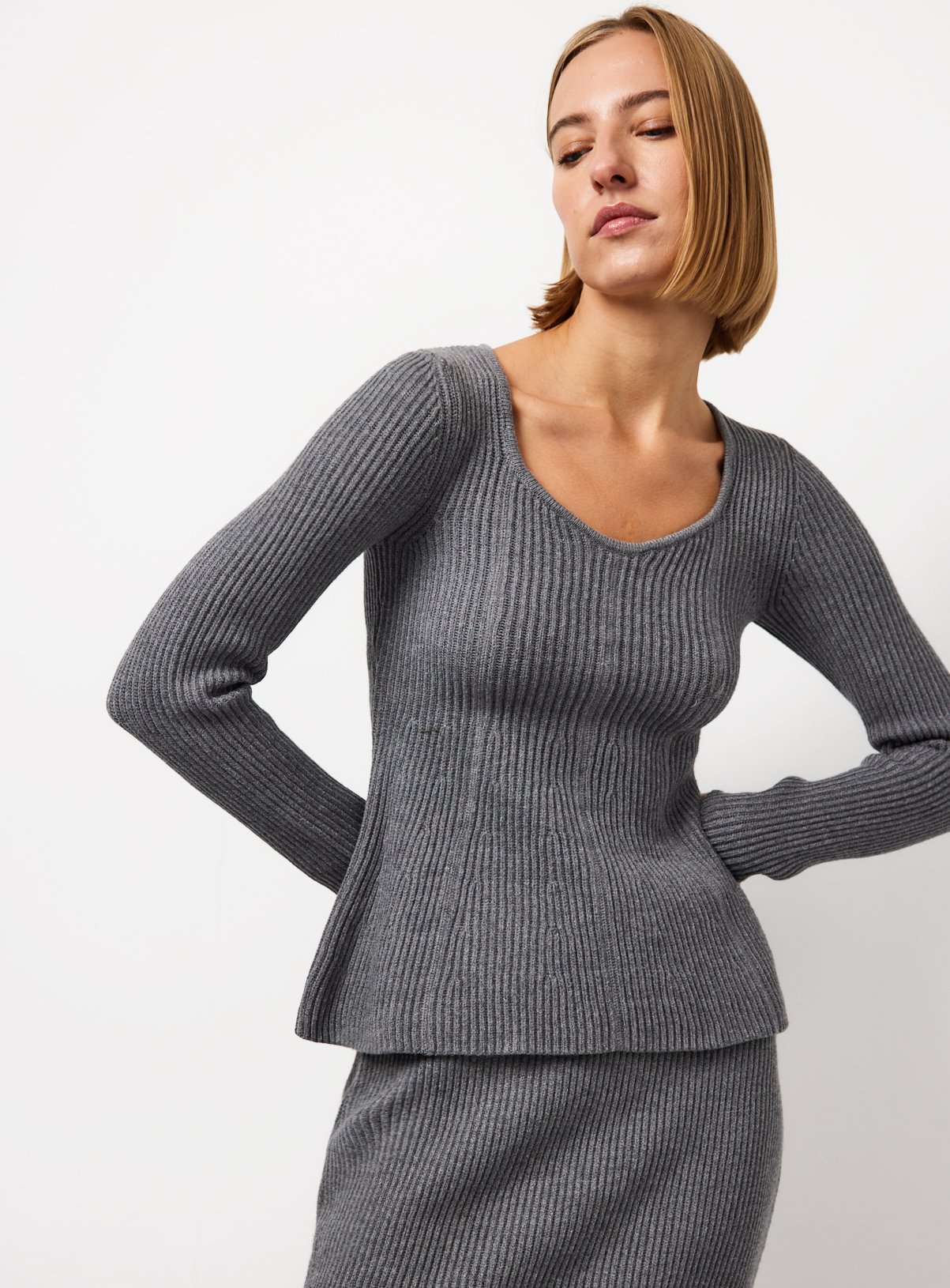 Grey Compact Knit Peplum Hem Co-ord Top S - Image 3 thumbnail
