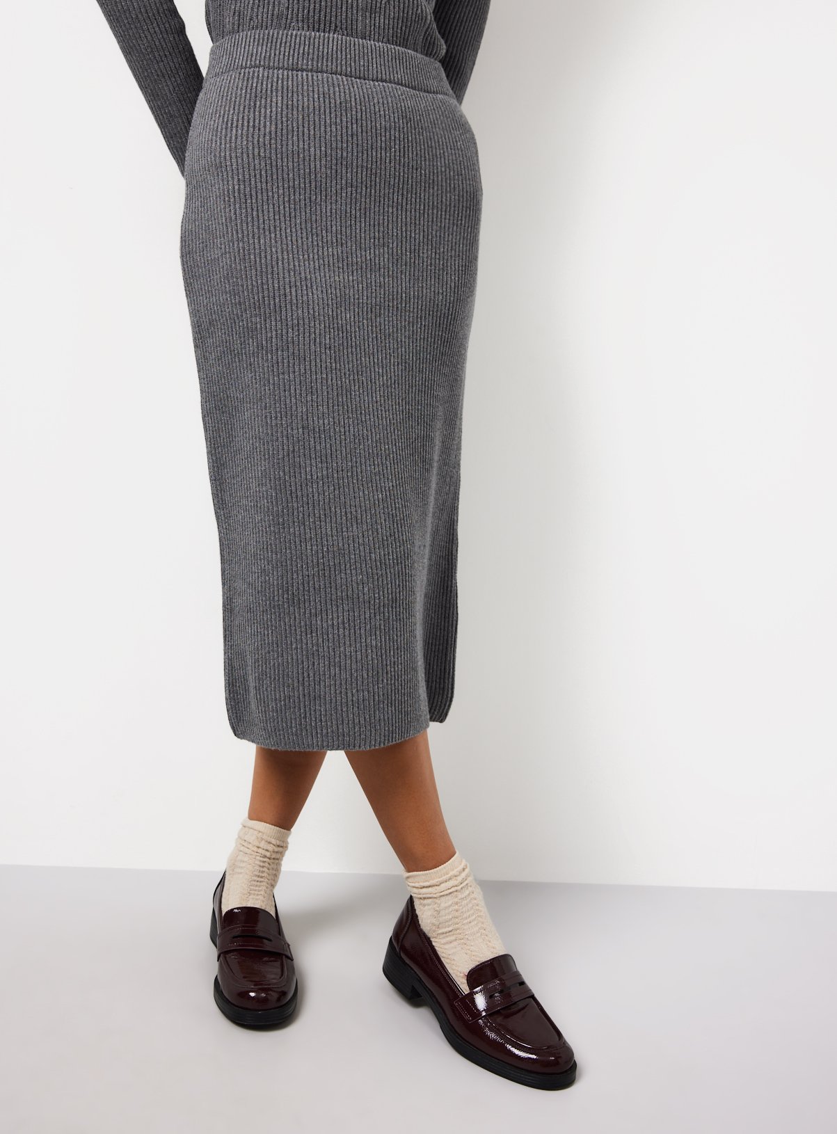 Grey Compact Knit Ribbed Co-ord Pencil Skirt