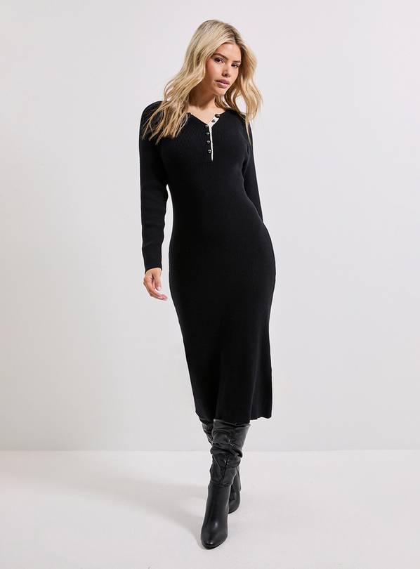 DOROTHY PERKINS Black Henley Crew Knitted Midi Dress S