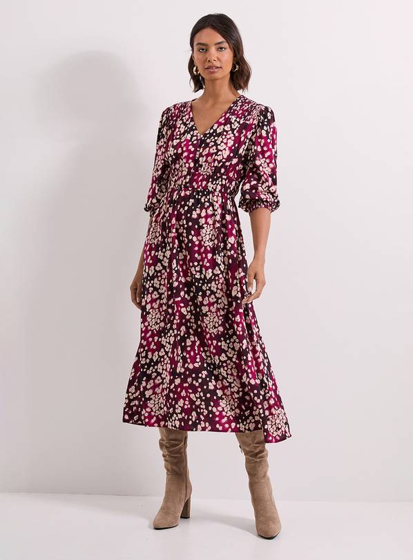 DOROTHY PERKINS Burgundy Animal Shirred Detail Blouson Sleeve Midi Dress 10