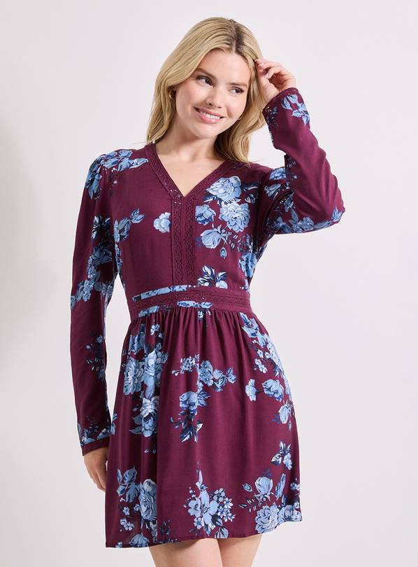 DOROTHY PERKINS Blue Floral Lace Trim Long Sleeve Printed Mini Dress 16