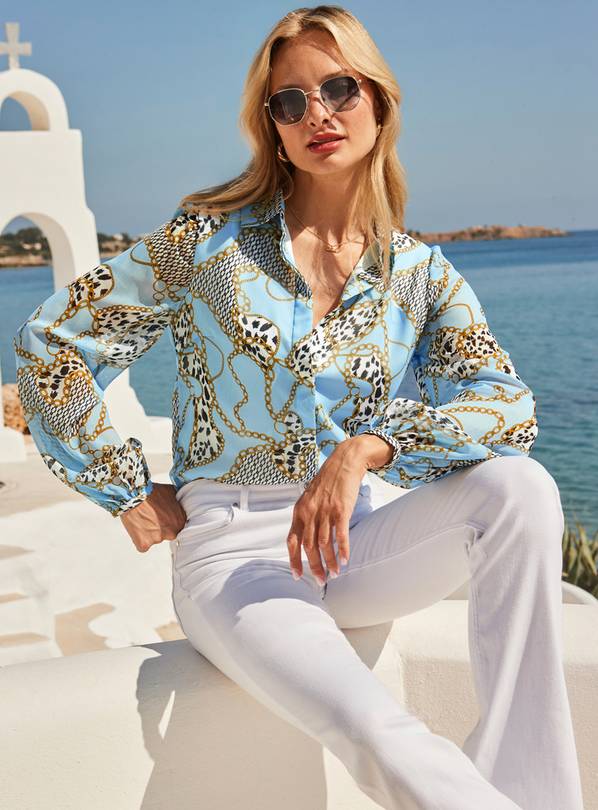 SOSANDAR Blue WOW Print Blouson Sleeve Shirt 16