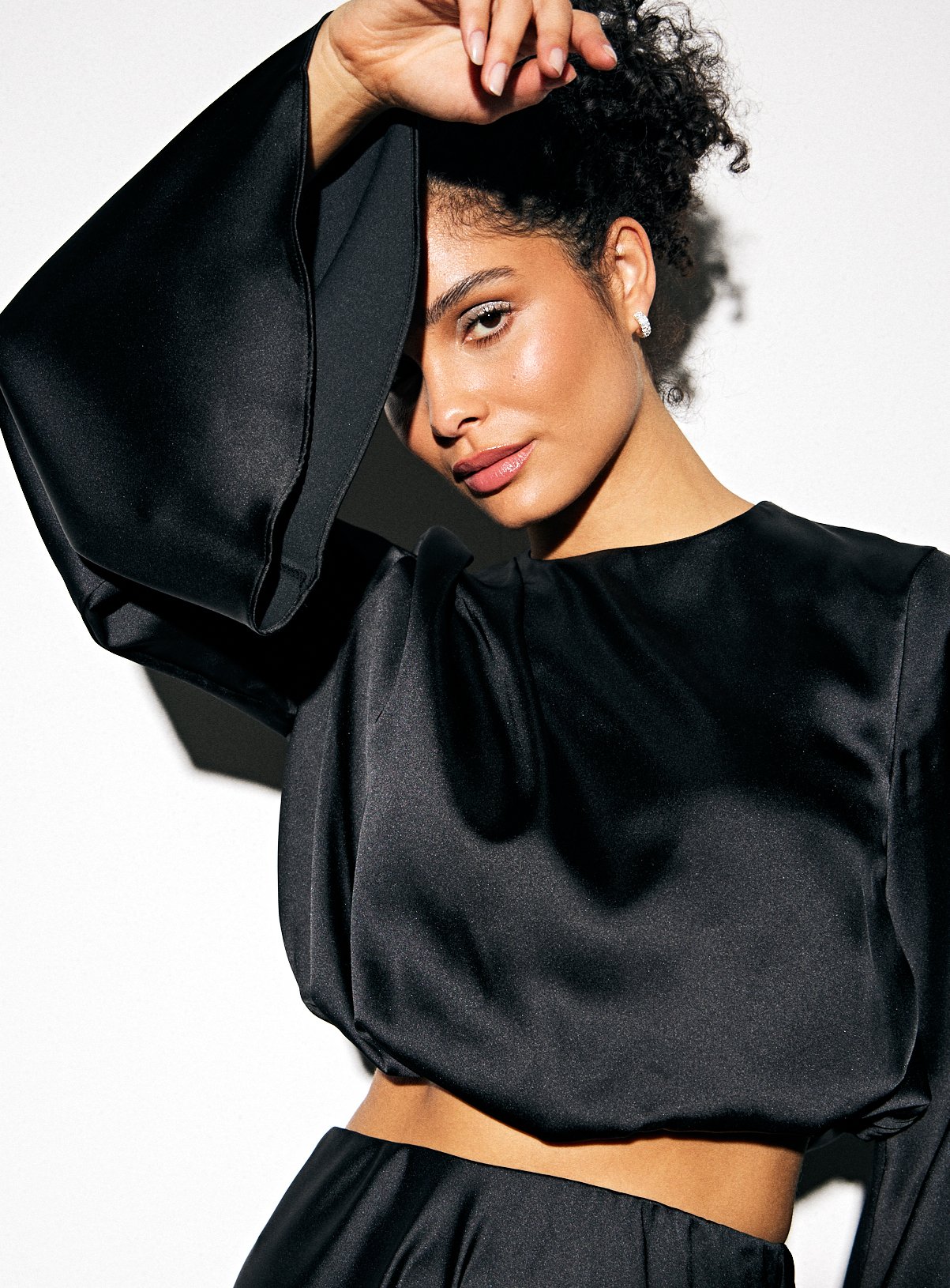 Black Satin Bubble Hem Co-ord Top