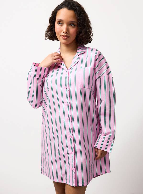 Pink Striped Poplin Night Shirt M