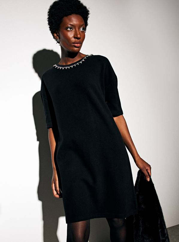 Black Embellished Neckline Soft Touch Mini Dress 16