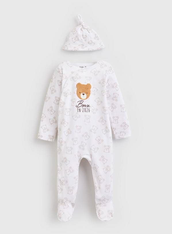 Bear Print Born In 2026 Sleepsuit & Hat Set Tiny Baby
