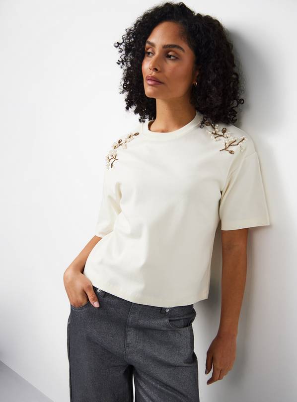 Cream Pearl Embellished Boxy T-Shirt XXL