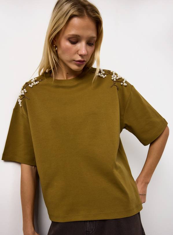 Green Pearl Embellished Boxy T-Shirt XXL