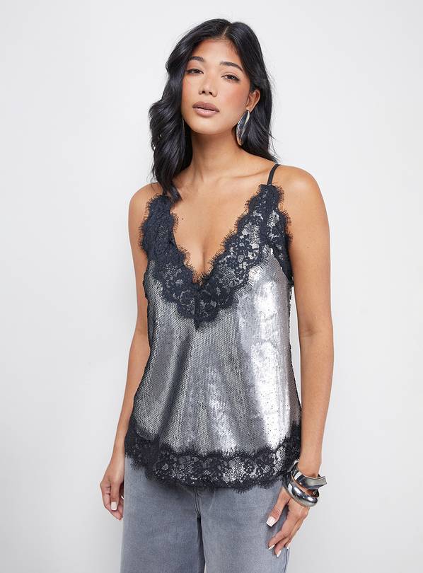 WAREHOUSE Sequin Lace Trim High Apex Cami Top 12