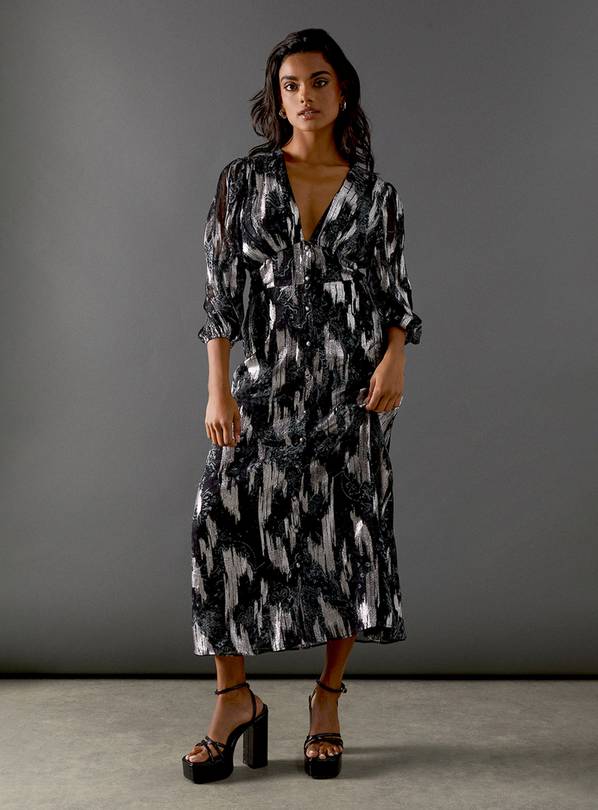 WAREHOUSE Metallic Paisley Jacquard Plunge Neck Button Through Midi Dress 12