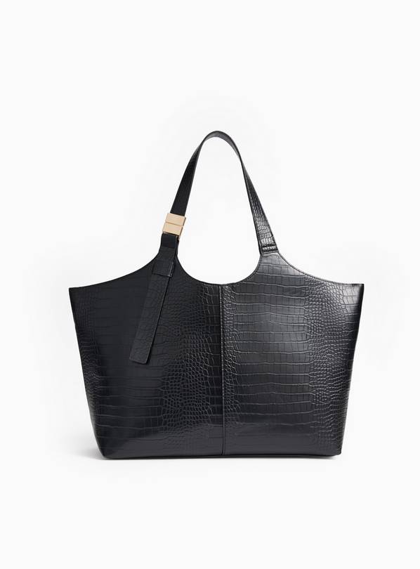 Black Faux Croc Winged Tote Bag One Size
