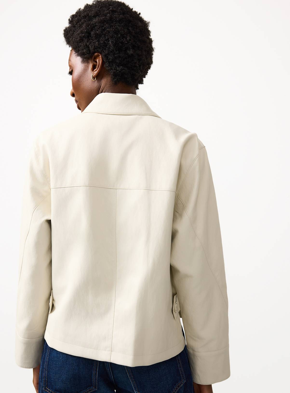 Stone PU Leather Bomber Style Collared Jacket M - Image 4
