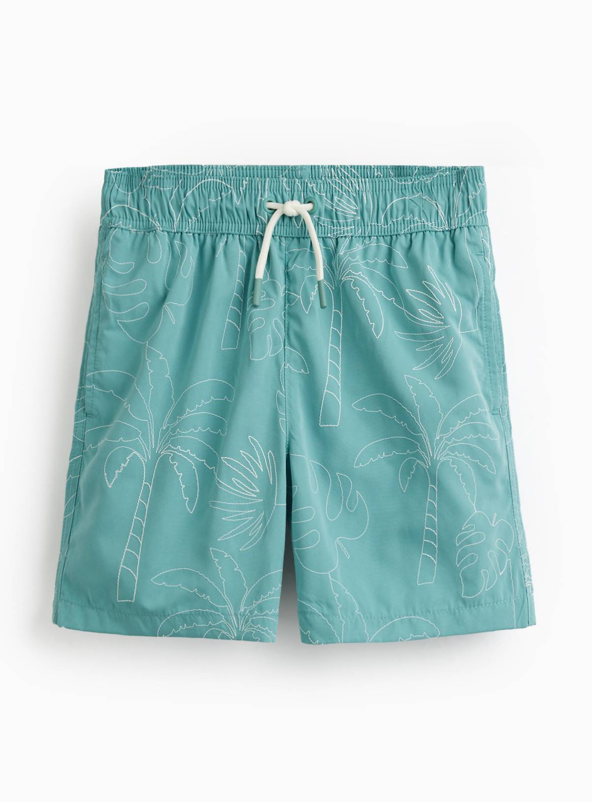 Mini Me Green Palm Tree Print Seersucker Swim Shorts 7-8 years - Image 1