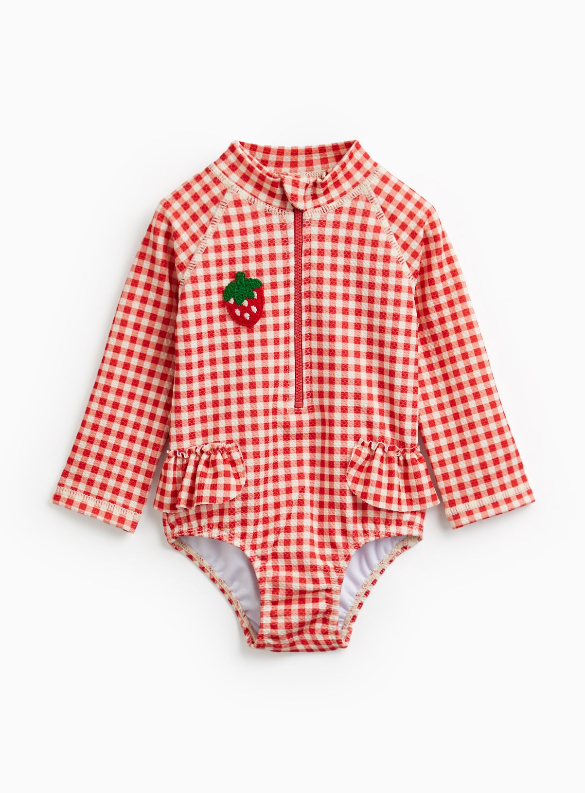Red Strawberry Print Gingham Rash Bodysuit 6-9 months - Image 1 thumbnail