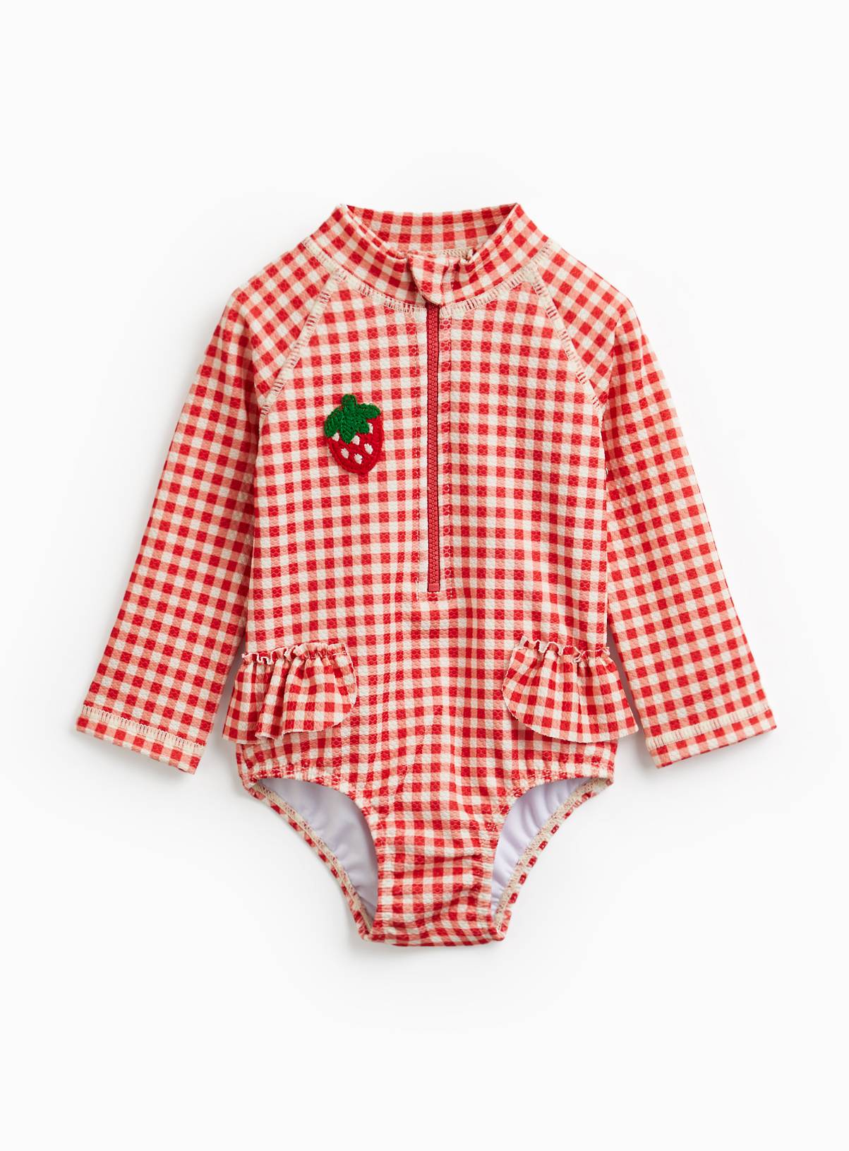 Red Strawberry Print Gingham Rash Bodysuit 6-9 months - Image 1