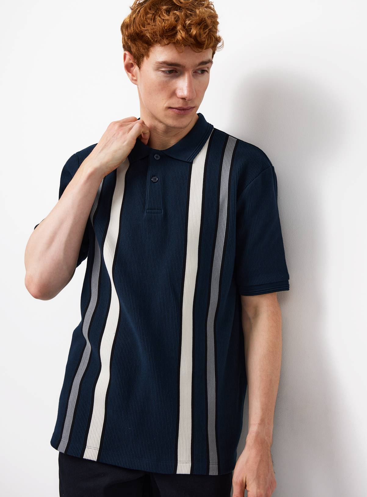Navy Vertical Stripe Textured Polo Shirt XXXXL - Image 2