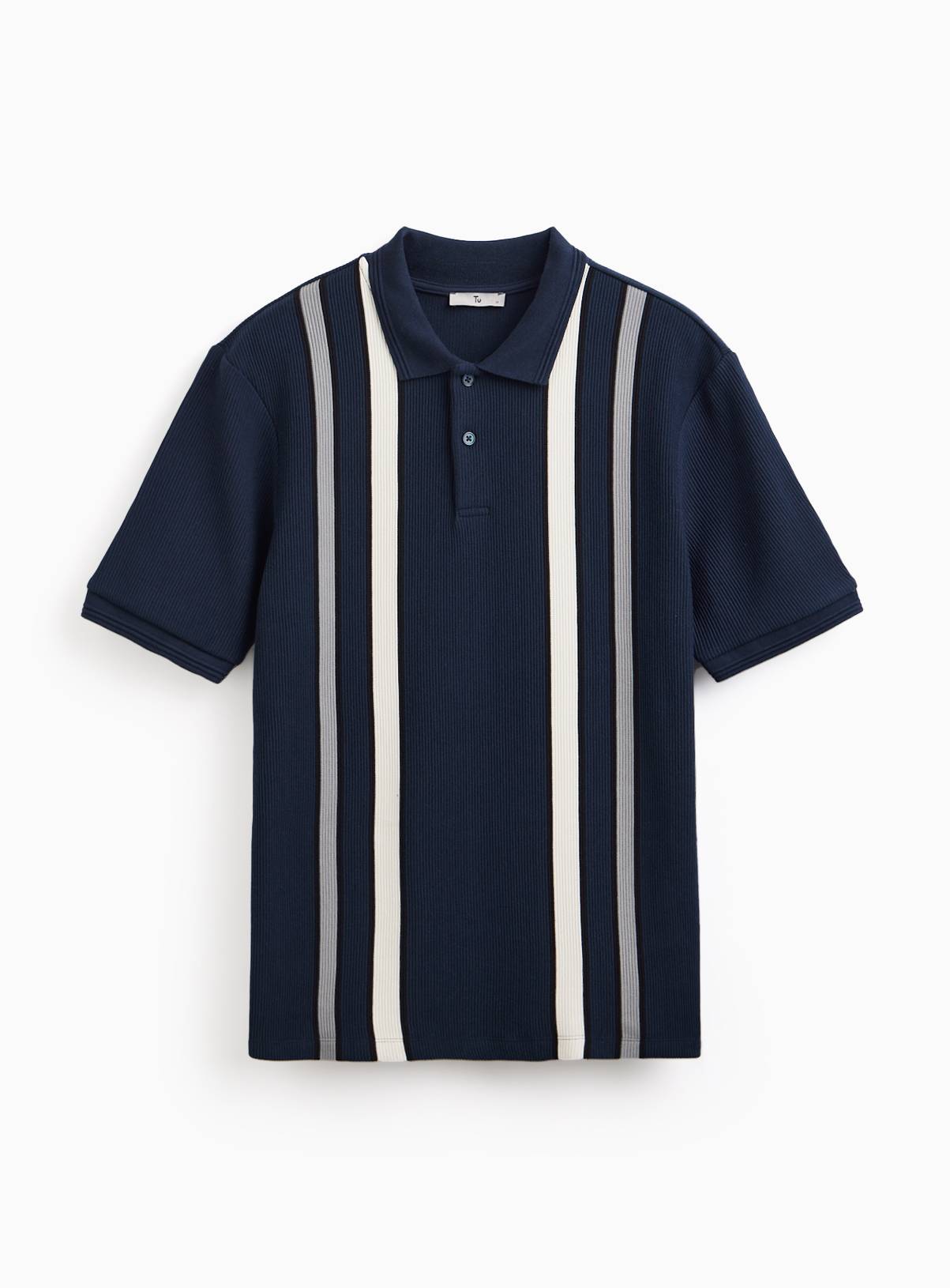 Navy Vertical Stripe Textured Polo Shirt XXXXL - Image 3