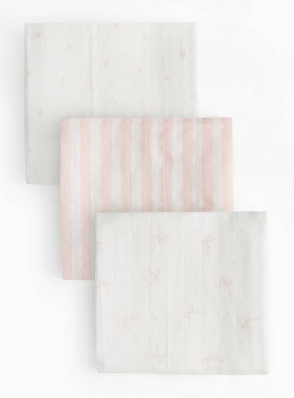 Bow & Heart Print Muslins 3 Pack One Size