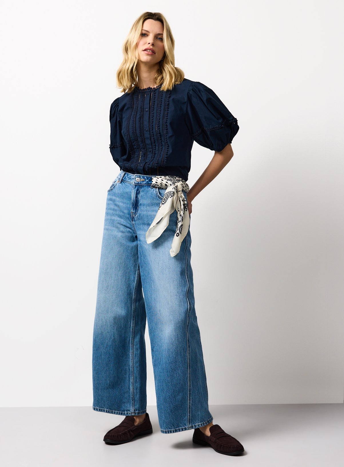 Navy Pintuck Lace Trim Blouse 22 - Image 2 thumbnail