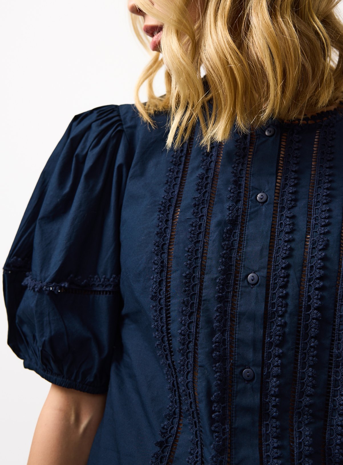 Navy Pintuck Lace Trim Blouse 22 - Image 3 thumbnail