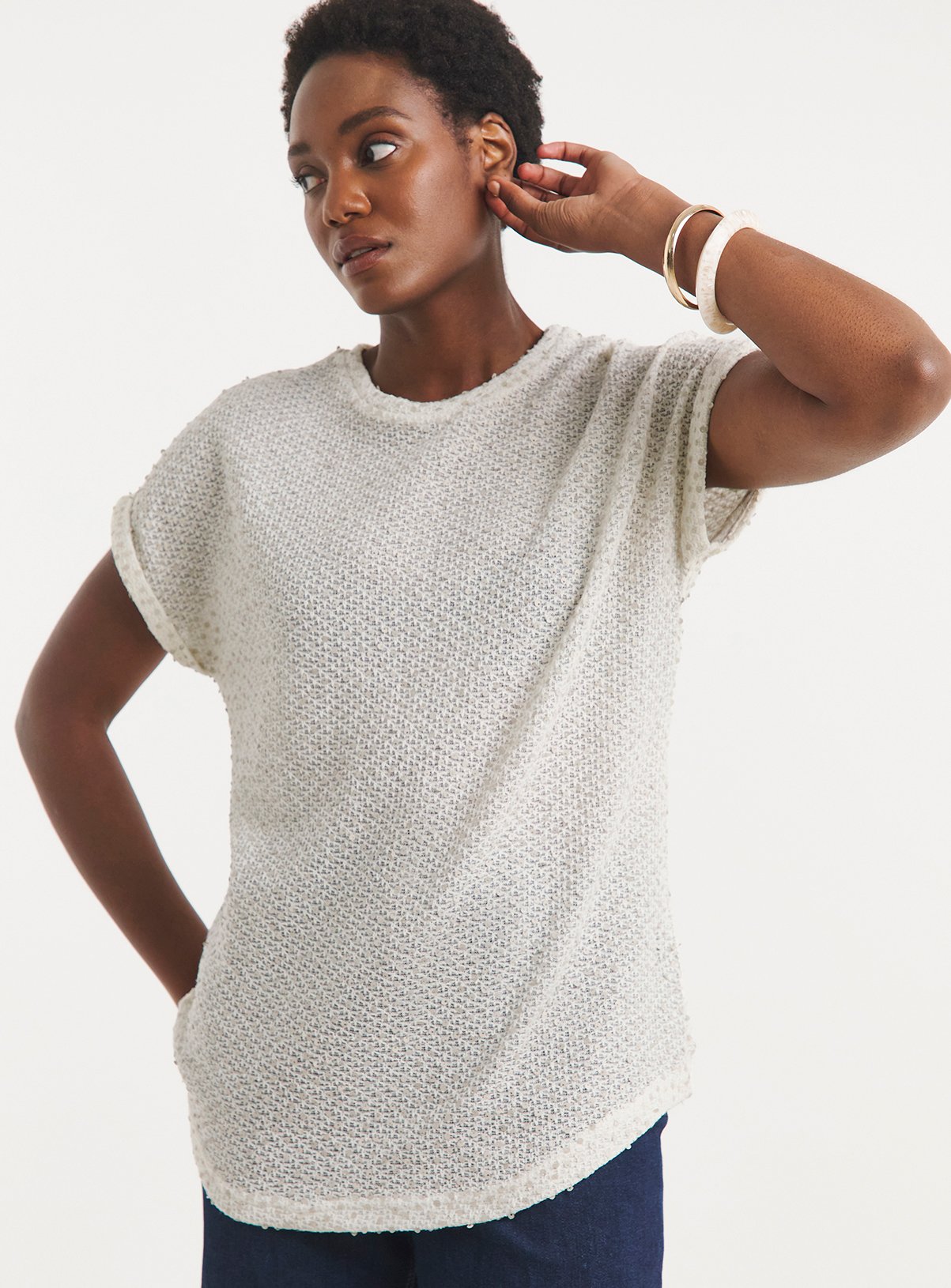 JD WILLIAMS Textured Sequin Longline Curved Hem Short Sleeve Top 16 - Image 1 thumbnail