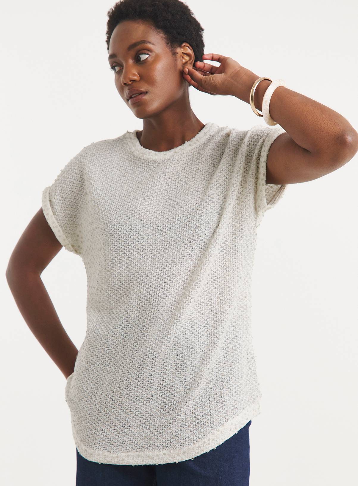 JD WILLIAMS Textured Sequin Longline Curved Hem Short Sleeve Top 16 - Image 1