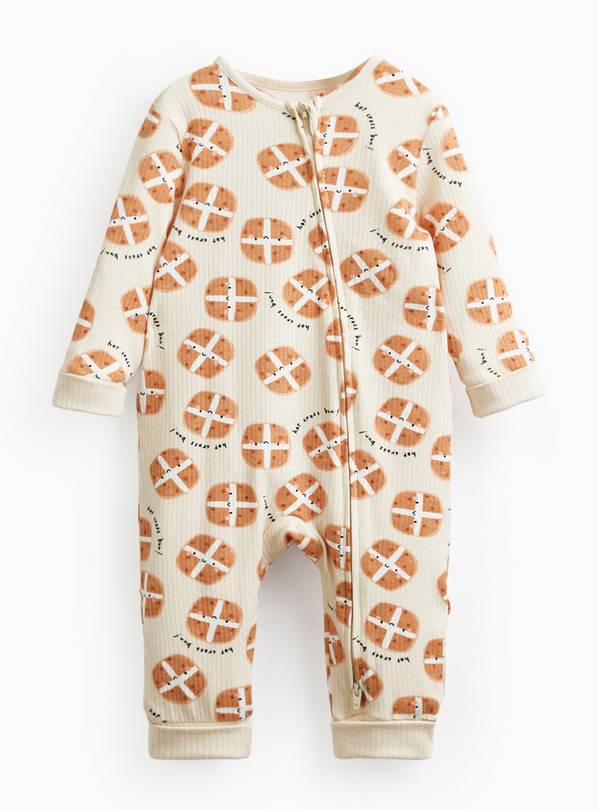 Beige Hot Cross Bun Easter Print Ribbed Sleepsuit Up to 1 mth