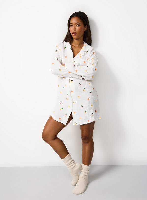 White Fruit Print Double Cloth Night Shirt XL