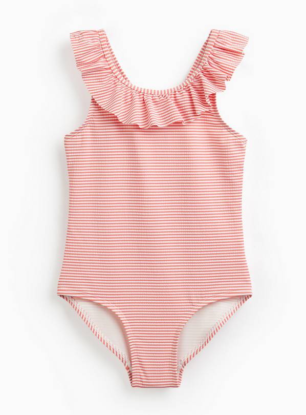 Coral Stripe Frill Detail Scoop Neck Swimsuit 6-7 Years
