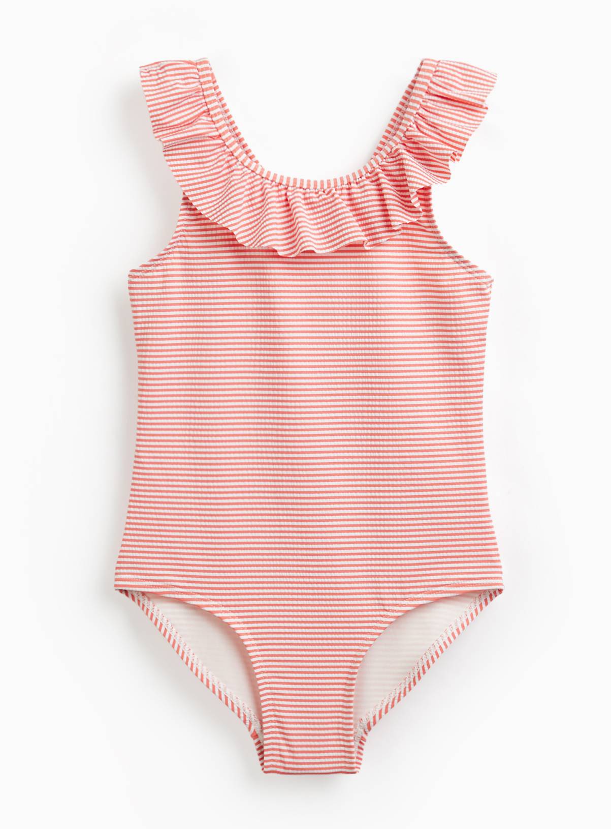 Coral Stripe Frill Detail Scoop Neck Swimsuit 9-10 years - Image 1