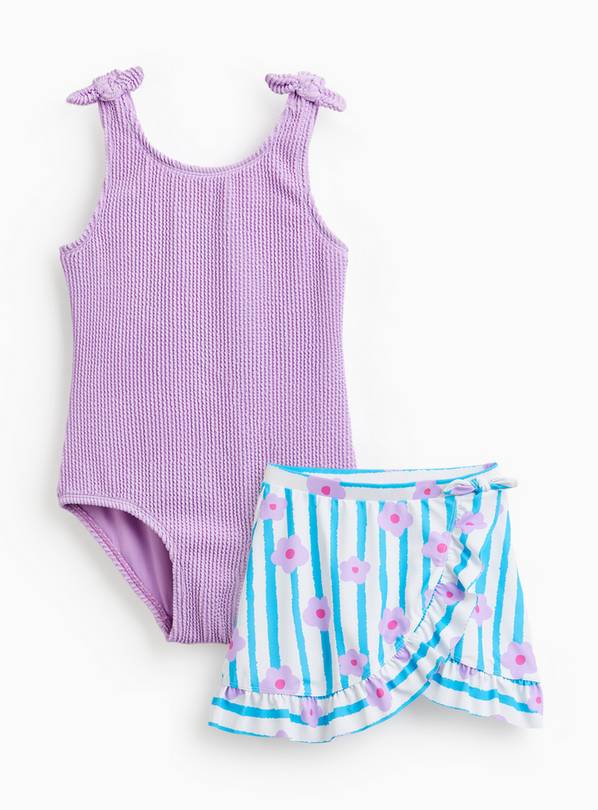 Blue Floral Stripe Print Swimsuit & Skirt Set 6-7 Years