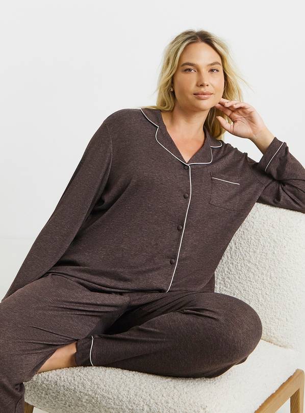SIMPLY BE Pretty Secrets Supersoft Ribbed Button Through Pyjama Set - Brown 8-10