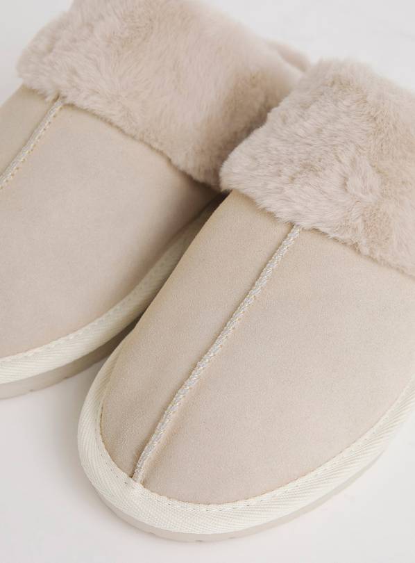 SIMPLY BE Ecru Faux Fur Lined Suede Mule Slipper - Wide Fit 6