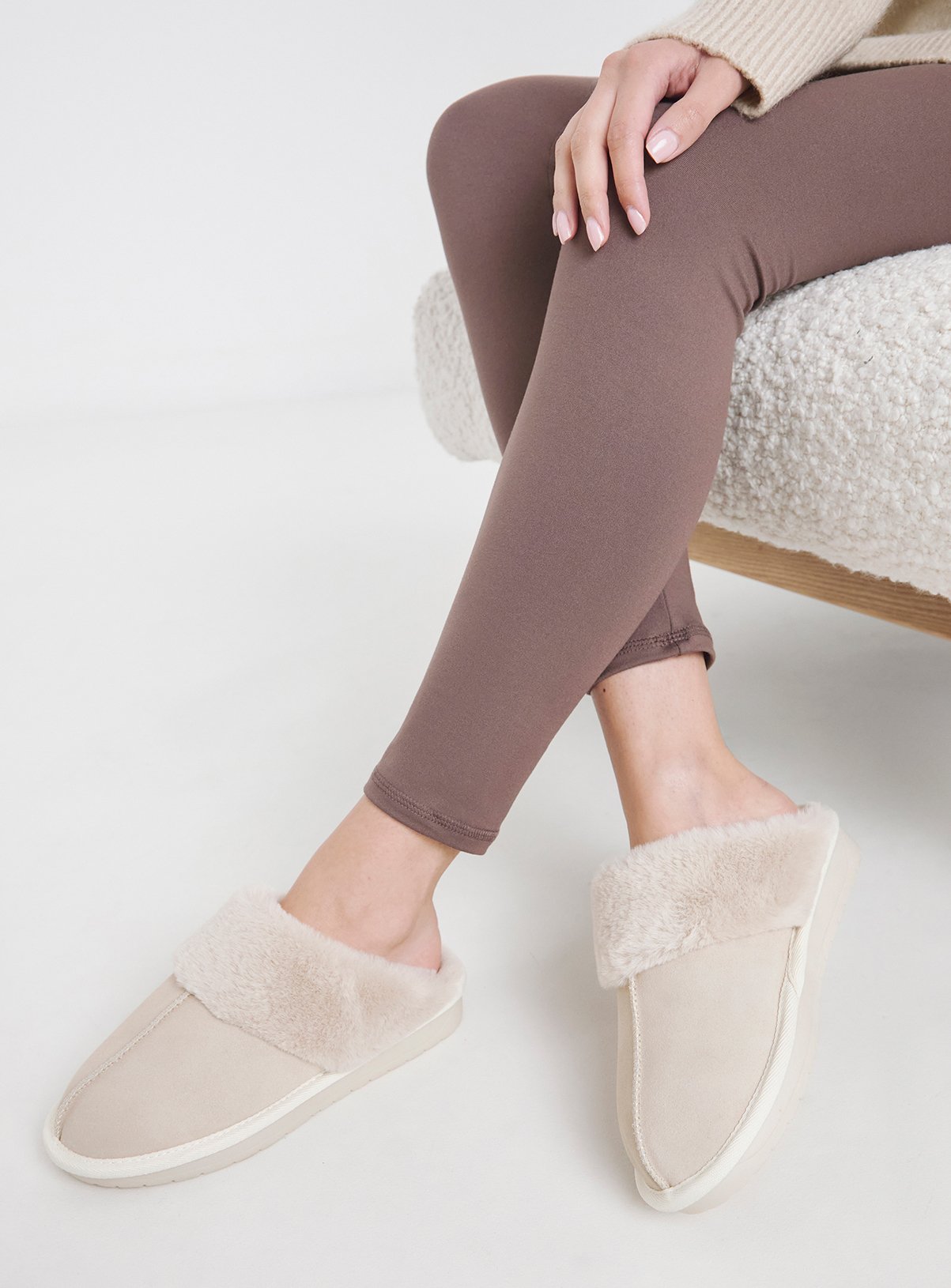 SIMPLY BE Ecru Faux Fur Lined Suede Mule Slipper Wide Fit 6 - Image 2 thumbnail