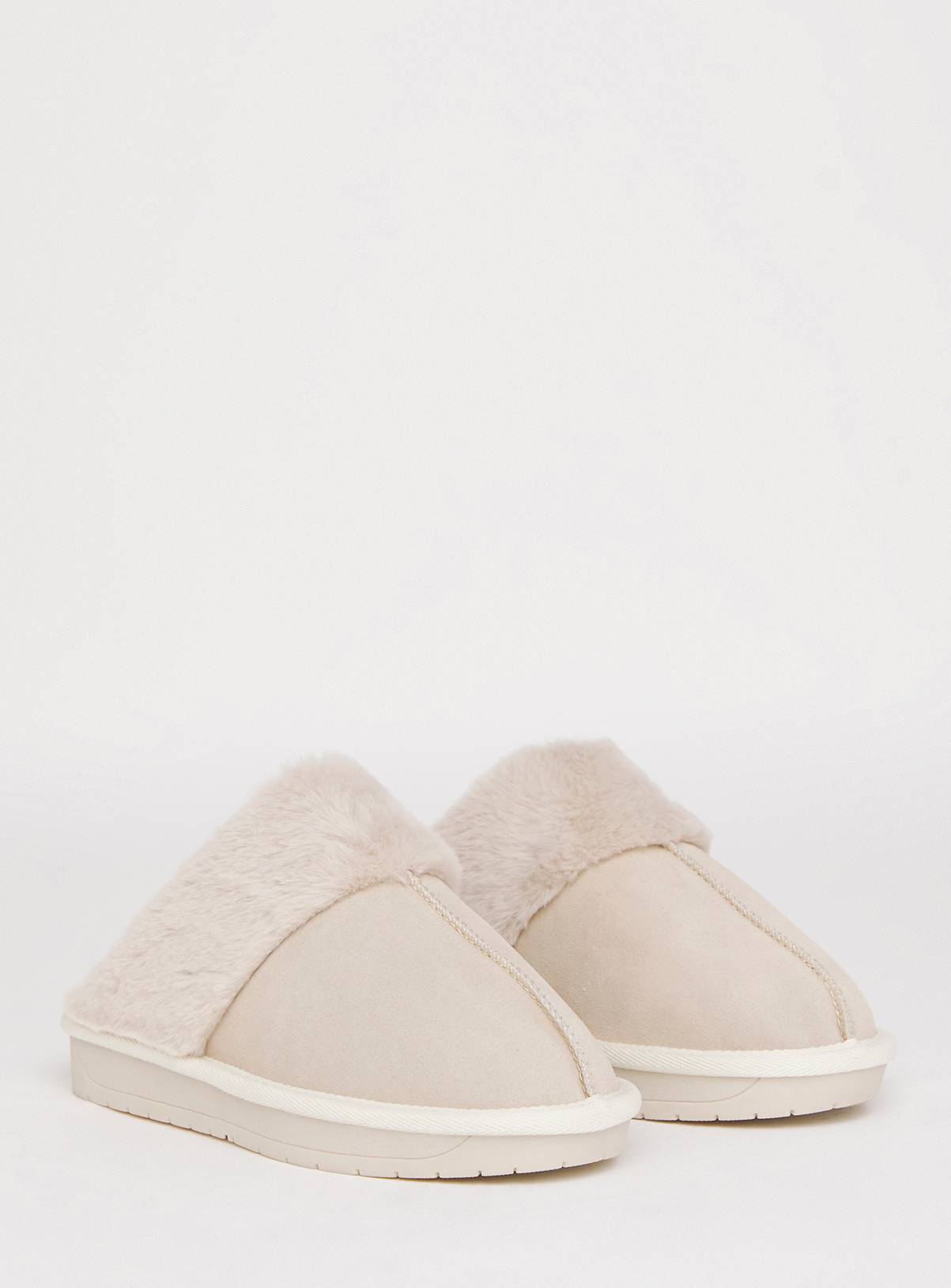 SIMPLY BE Ecru Faux Fur Lined Suede Mule Slipper Wide Fit 6 - Image 4