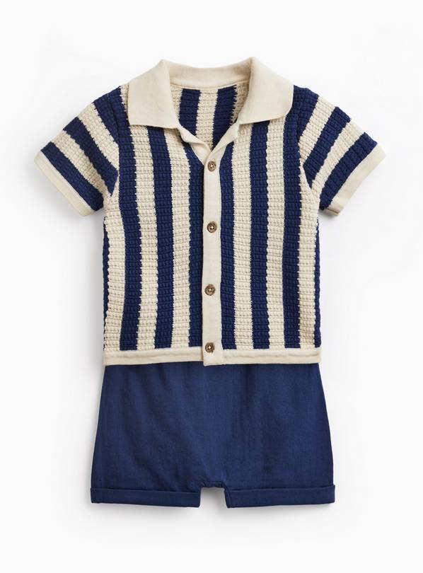 Blue Stripe Knitted Shirt & Shorts Set Up to 3 mths