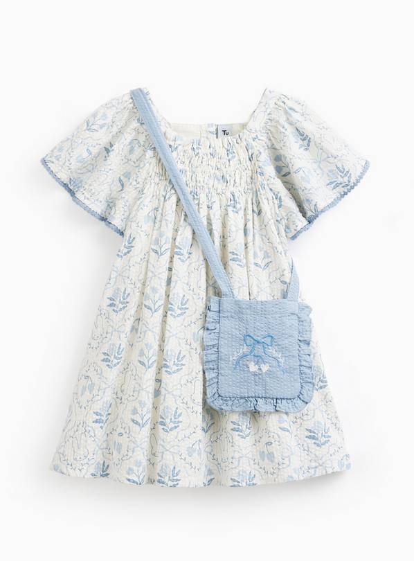 White Bunny Print Dress with Matching Bag 2-3 years