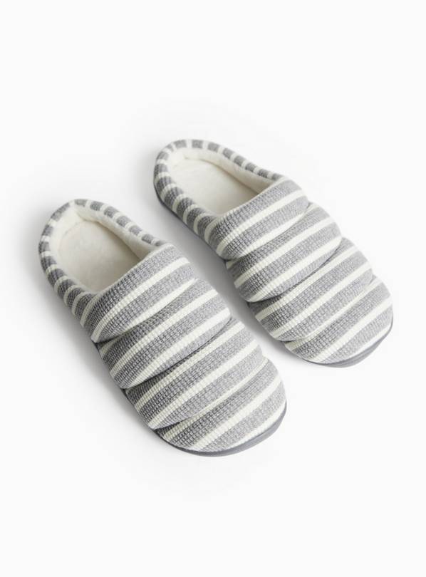 Grey Striped Quilted Cupsole Mule Slippers S